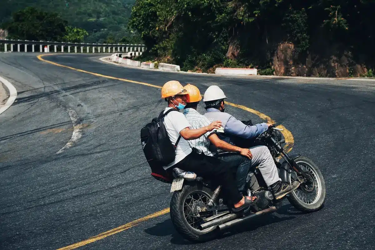 Loaded sport-touring motorcycle with saddlebags on a country road