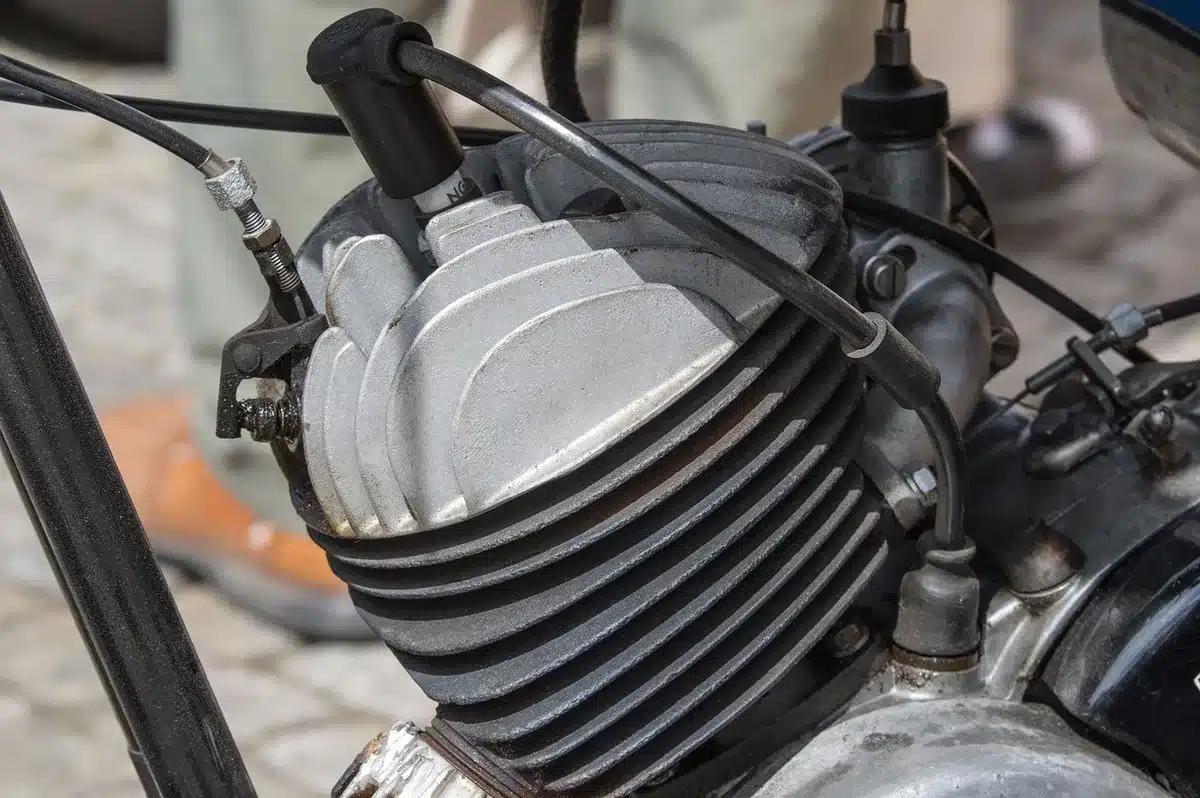 Close-up of a motorcycle parallel-twin engine and exhaust headers