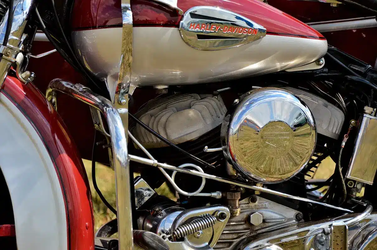Close view of a V-twin engine mounted in a tubular trellis frame