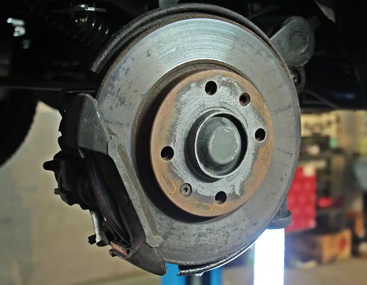 Front Brembo four-piston caliper on a motorcycle disc brake