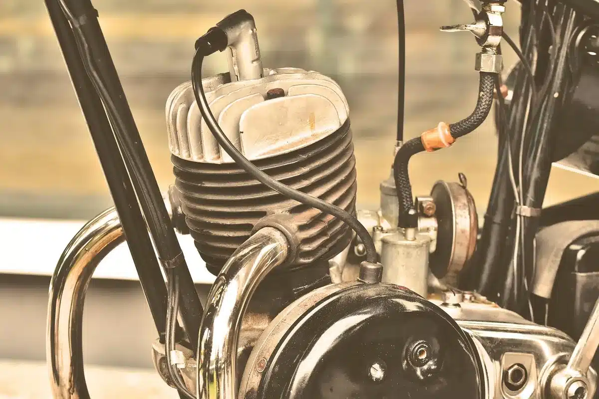 Close-up of a 1200cc V4 motorcycle engine on a test bench