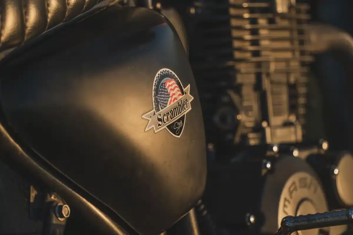 Close-up of a parallel-twin motorcycle engine and gearbox