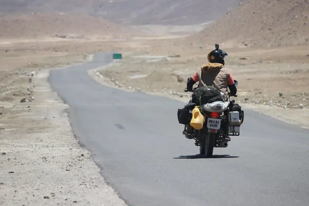 Adventure motorcycle fitted with hard luggage and crash bars