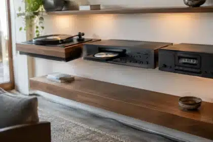 Vinyl and cassette audio system serves as wall decor
