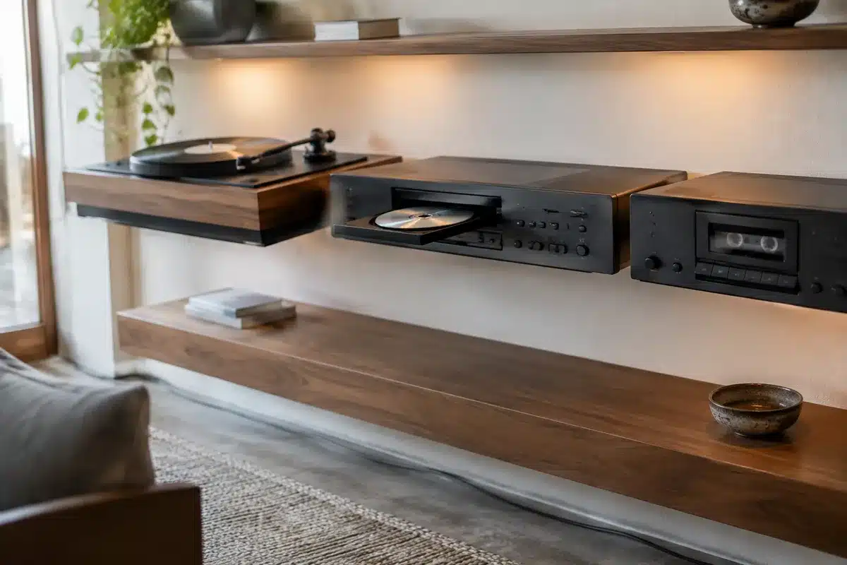 Vinyl and cassette audio system serves as wall decor